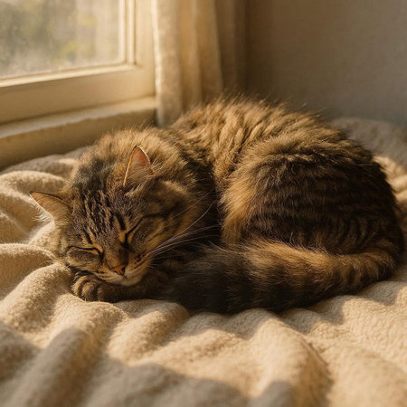 Siberian cat sleeping on the windowsill. Cozy home.の写真素材