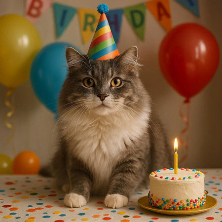 Cute cat with birthday cake and balloons on background. Selective focus.の写真素材