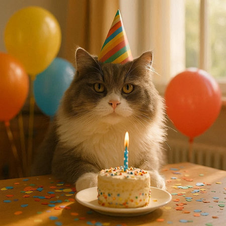 Cute cat with birthday cake and colorful balloons on the background.