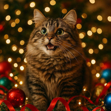 Cute tabby cat on background of Christmas tree and lights.