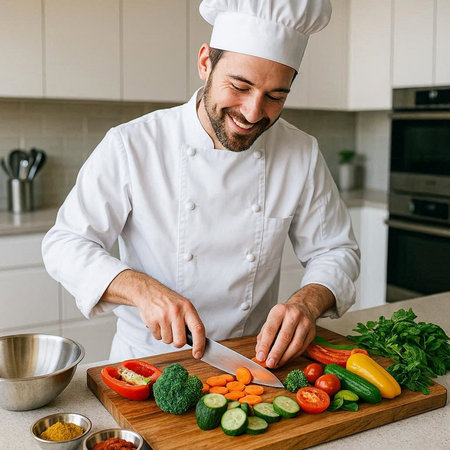 Chef cutting vegetables on a wooden board in the kitchen at home