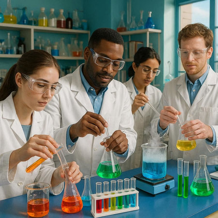 Group of multiethnic scientists working with liquids in laboratory. Selective focusの写真素材