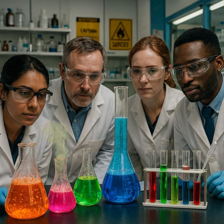 Group of scientists working in laboratory. Multiethnic group of scientists working in lab. Science,...