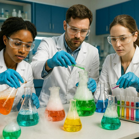 Group of scientists working in laboratory. Selective focus on the test tube