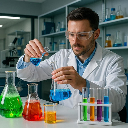 scientist in glasses and white coat working with chemicals in chemical laboratory