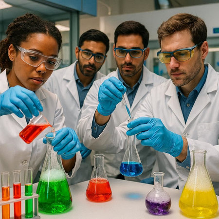 Group of scientists working with liquids in laboratory. Selective focus.
