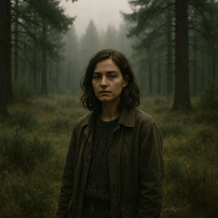 Portrait of a young man in a forest in the fog.の写真素材