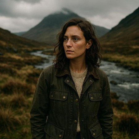 Portrait of a beautiful young woman in the Scottish Highlands. She is wearing a leather jacket and...