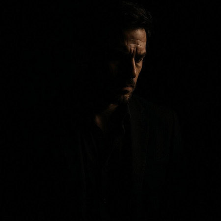 Portrait of a young man on a black background in the dark
