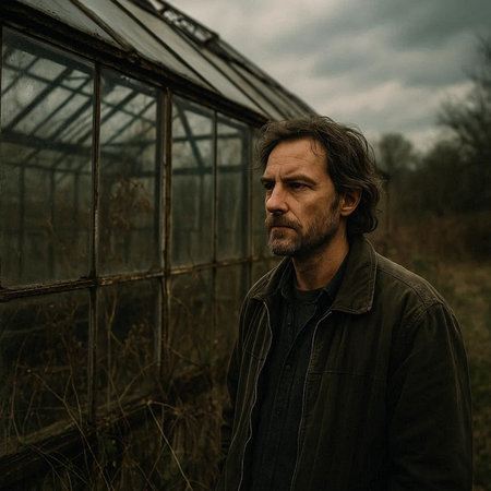 Portrait of a bearded man in front of a greenhouse on a cloudy dayの写真素材