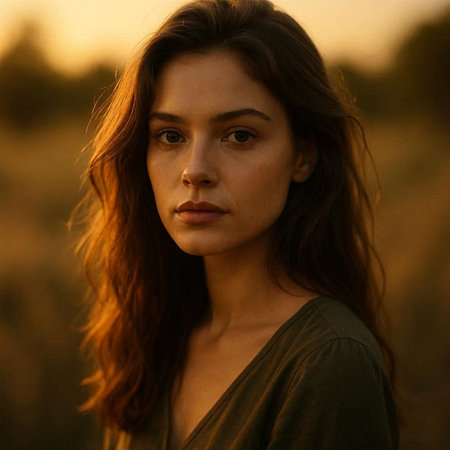 Portrait of a beautiful young woman in the field at sunset.の写真素材