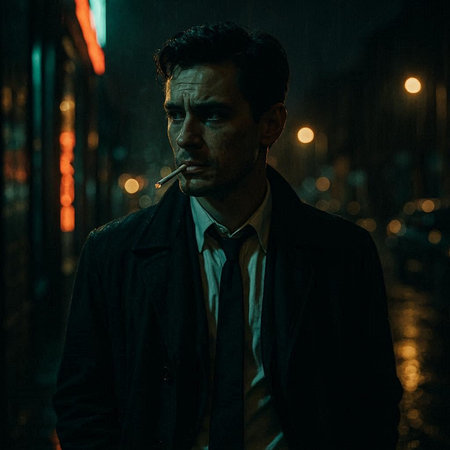 Portrait of a man smoking a cigar in the street at nightの写真素材