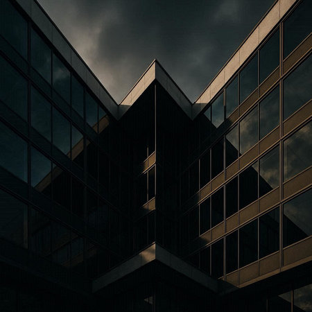 3D render of a modern office building with a dramatic sky.