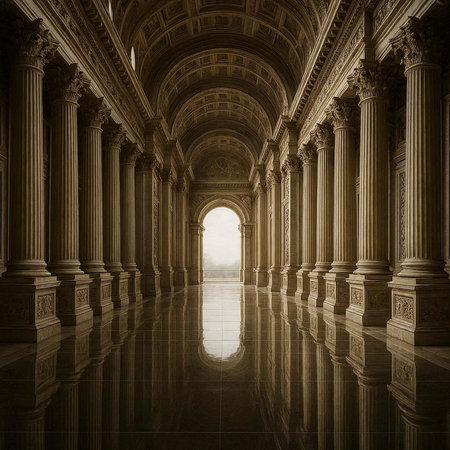 Luxury palace interior with columns and arches. 3d render