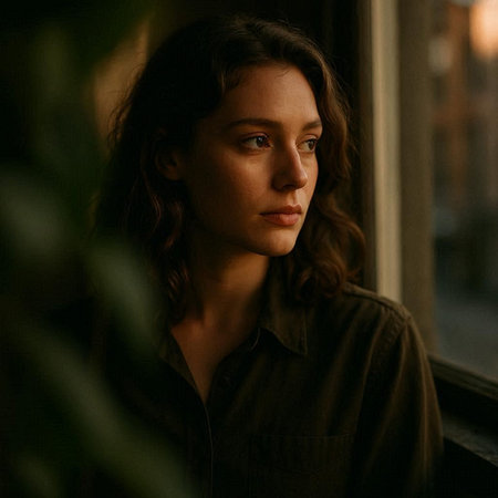 Portrait of a young beautiful woman in a black shirt on the windowsill.