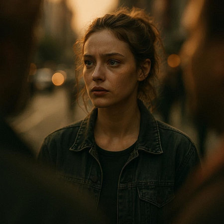 Portrait of a beautiful young woman in the city at sunset.