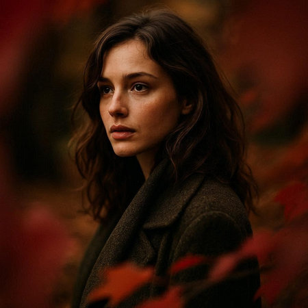 Portrait of a beautiful girl in a coat in the autumn forestの写真素材