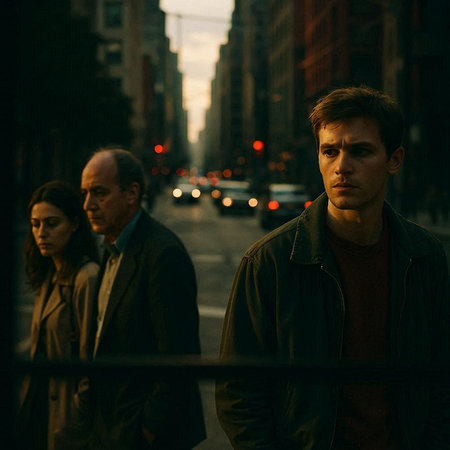 A young man in a brown coat is standing in the street in the evening.