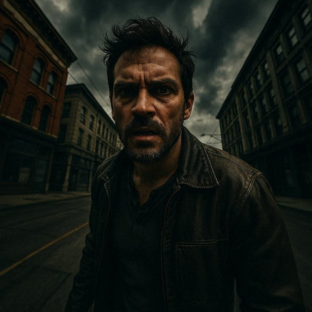 Portrait of a man in a leather jacket on the street.