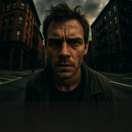 Portrait of a young man looking at the camera in the cityの写真素材