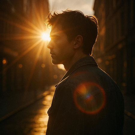 Handsome young man in the city at sunset, tonedの写真素材