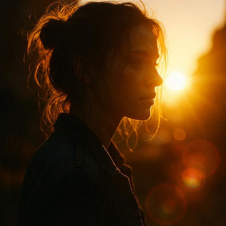 Beautiful girl in the rays of the setting sun. Portrait