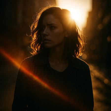 Portrait of a beautiful brunette woman with long curly hair in the city at sunsetの写真素材