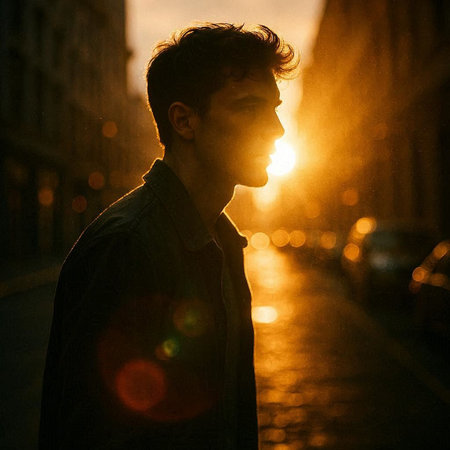 Handsome young man walking on the street at sunset in Paris, Franceの写真素材