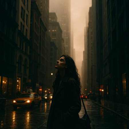 Beautiful young woman walking in the rain in New York City.