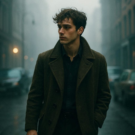 Portrait of a handsome young man in a coat on the streetの写真素材