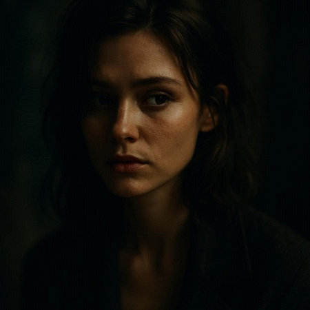 Portrait of a beautiful brunette woman in a dark room.