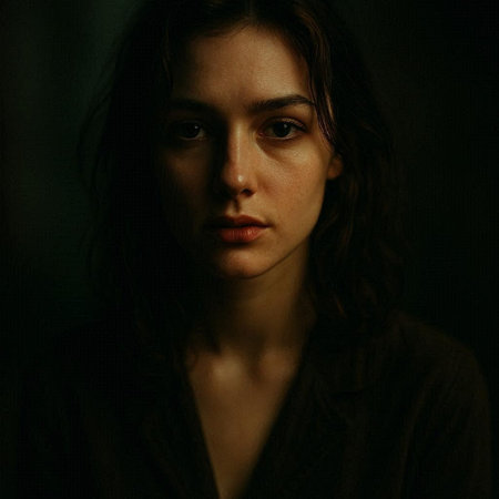 Portrait of a young beautiful woman on a dark background. Studio shot.の写真素材