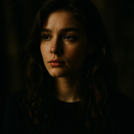 Portrait of a beautiful young woman in a black dress on a dark backgroundの写真素材