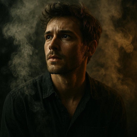 Portrait of a handsome young man in the smoke. Studio shot.