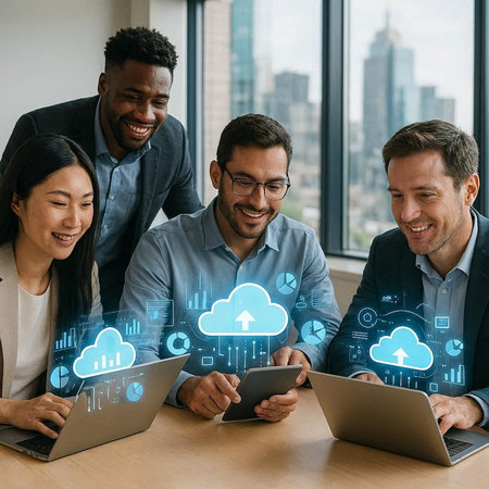 Group of business people working together in modern office. Cloud computing hologram. Teamwork...