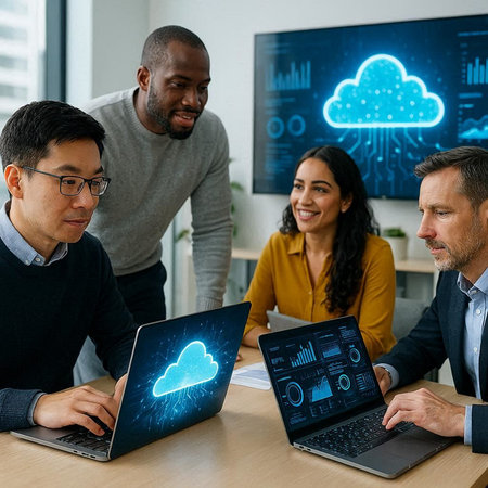 Group of business people working together in modern office. Cloud computing concept.