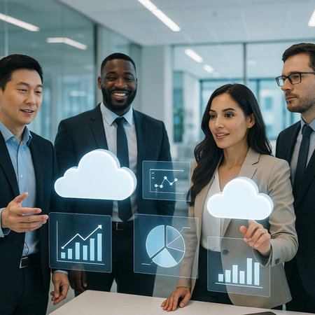 multiethnic businesspeople working with cloud technology icons in modern office