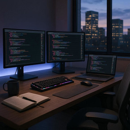 Computer screen in office at night with city view in background. 3D rendering.