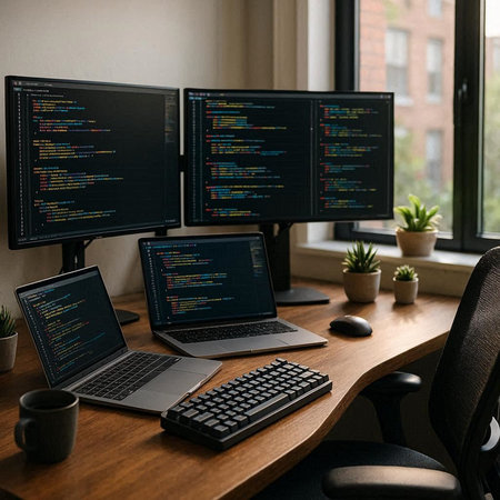 Programmers working on computers in modern office. Software development concept.