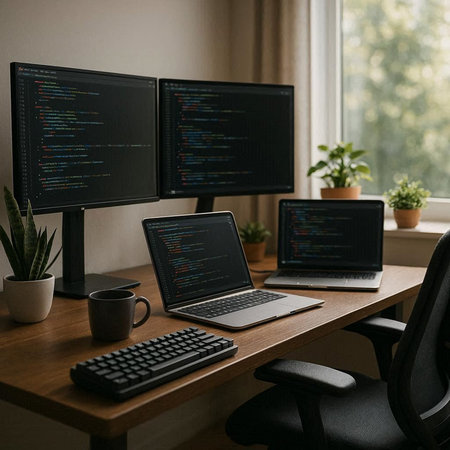 Workplace of programmer. Workplace with computers and coffee cup on wooden table