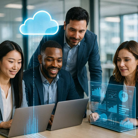 Business people working together in office. Cloud computing concept. Double exposure.