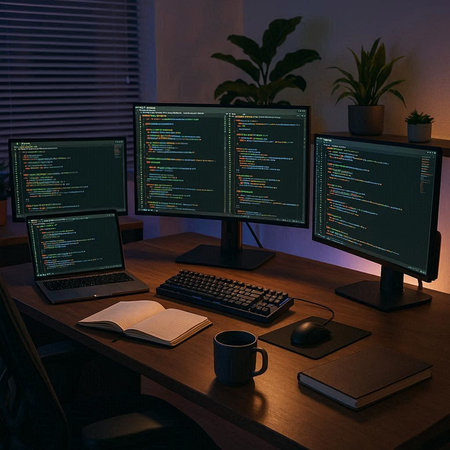 Desktop computer monitor, keyboard and mouse on a table in the dark