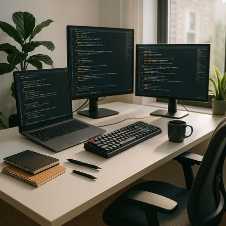 Desktop with computer screens. Workplace of software developer or programmer.