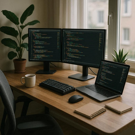 Workplace of programmer. Workplace of programmer. Software development.