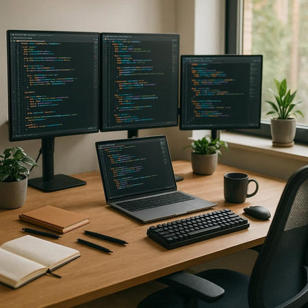 Working place with computers and notepad on wooden desk in modern office
