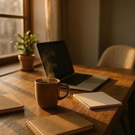 Coffee cup and notebook on wooden table at home office.