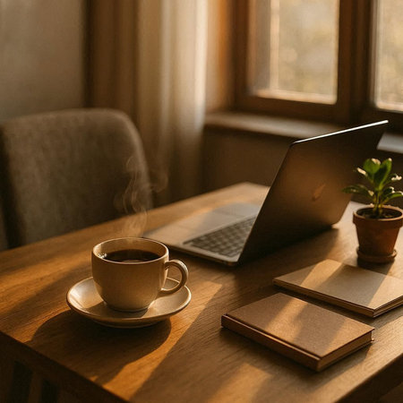 Cup of coffee and laptop on a wooden table in a coffee shop