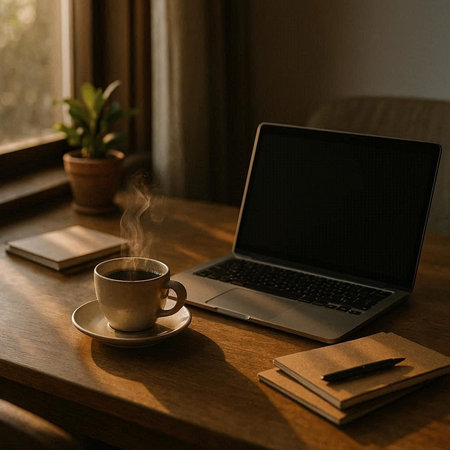 Cup of coffee and laptop on a wooden table in a cafe