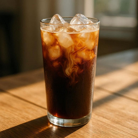 Cola in a glass with ice cubes on a wooden table in a cafe