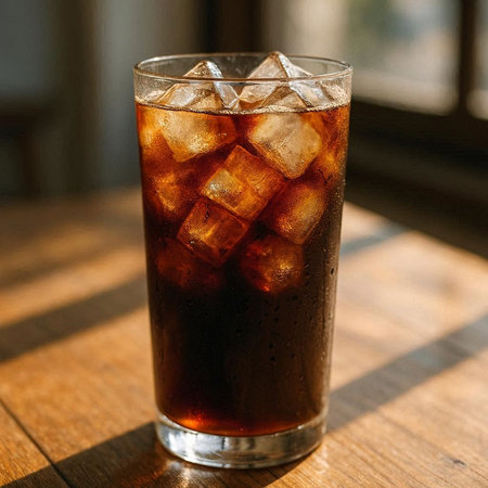 Cold cola with ice cubes in a glass on wooden table.